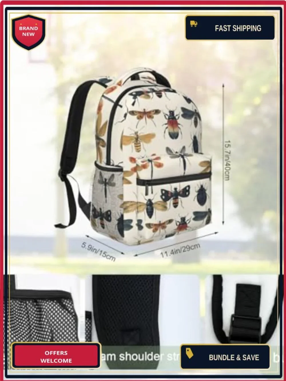 Vintage Insect Pattern Polyester Backpack with Padded Laptop Sleeve,